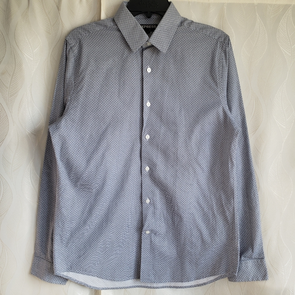 Express Blue And White Geometric Print Long Sleeve Button Down